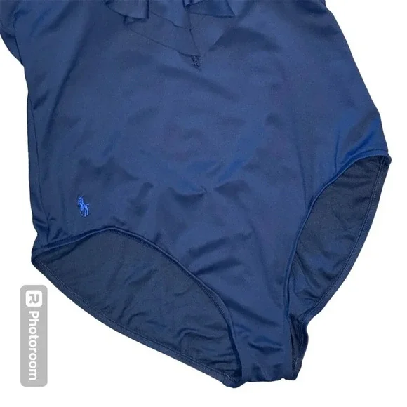 Polo Ralph Lauren Swimsuit Size Large Navy Blue One Piece Scoop Back Ruffle Pony - Picture 5 of 16